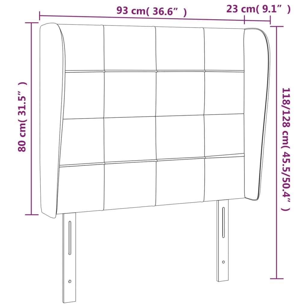 Klasyczny zagłówek uszak w kolorze ciemnobrązowym, wykonany z oddychającej tkaniny, o wymiarach 93x23x118/128 cm z regulowaną wysokością i stabilnymi drewnianymi nogami, zapewnia