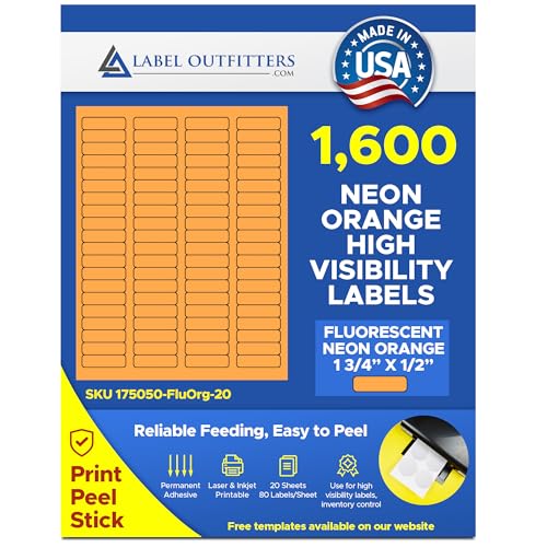 1,600 Label Outfitters Printable Fluorescent Neon Orange Laser Return Address Labels, 1.75