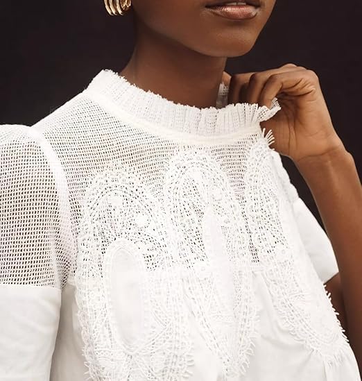 MISSACTIVER Women Lace Trim Short Sleeve Blouse Swing Crew Neck Ruffle Hem Mesh Shirts Summer Loose Poplin Babydoll Tops3