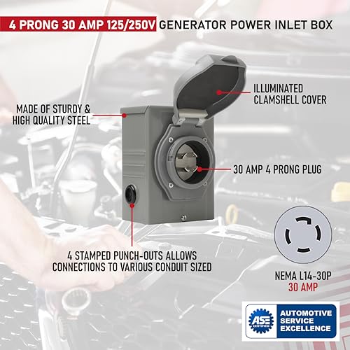 image for AA Ignition 30 Amp Generator Inlet Box 4 Prong 125/250V - PB30, NEMA L