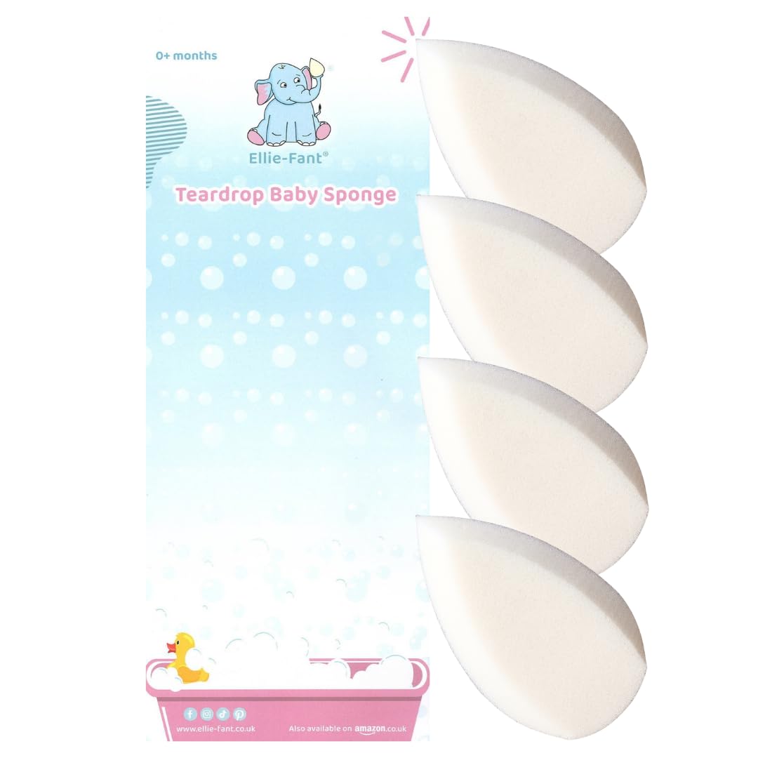 Ellie-Fant Baby Bath Sponge – 4 x Teardrop Shape Sponges Reaches Into Neck Folds and Behind The Baby Ears | Soft and Gentle from Truly Absorbent Foam for Newborn Children Bathing