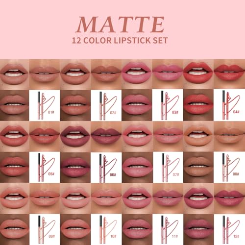 Image of 12 Colors Matte Lip Liner Pencil - Long Lasting Waterproof Lip Liner, Smudge Proof Transfer Proof Lip Pencil, High Pigment Lip Makeup for Defining & Filling Lips (13#, 12PCS)