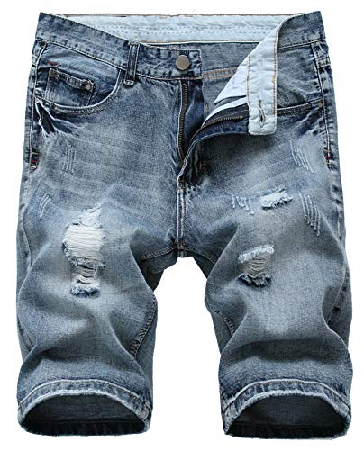Grimgrow Ripped Short Jeans for Men, Stretch Mid Waist Distressed Knee Length Skinny Casual Denim Shorts Grey Blue 42
