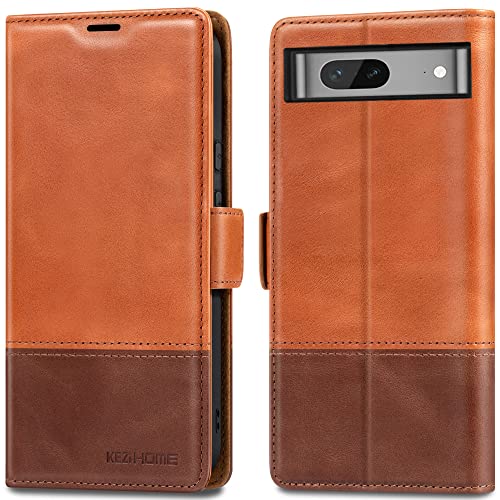 Kezihome Case For Google Pixel 7, Genuine Leather [Rfid Blocking] Wallet Case With Card Holder Kickstand Flip Protective Heavy Duty Phone Cover For Google Pixel 7 5G (Khaki/Brown) #TOP4