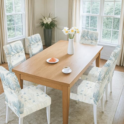 Fundas de silla lavables y transpirables con diseño de concha náutica de elastano azul 6 uds 5