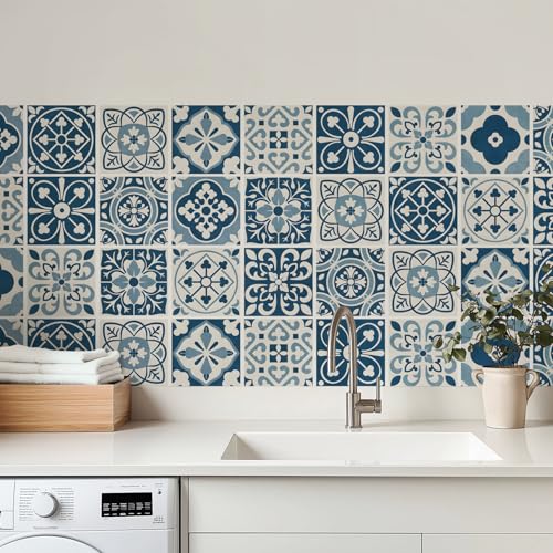 MEIHEA 30 Pack Blue and White Peel and Stick Backsplash, 4x4 Inch Mediterranean Tile Stickers, Waterproof Vinyl Wall Decals for Kitchen & Bathroom