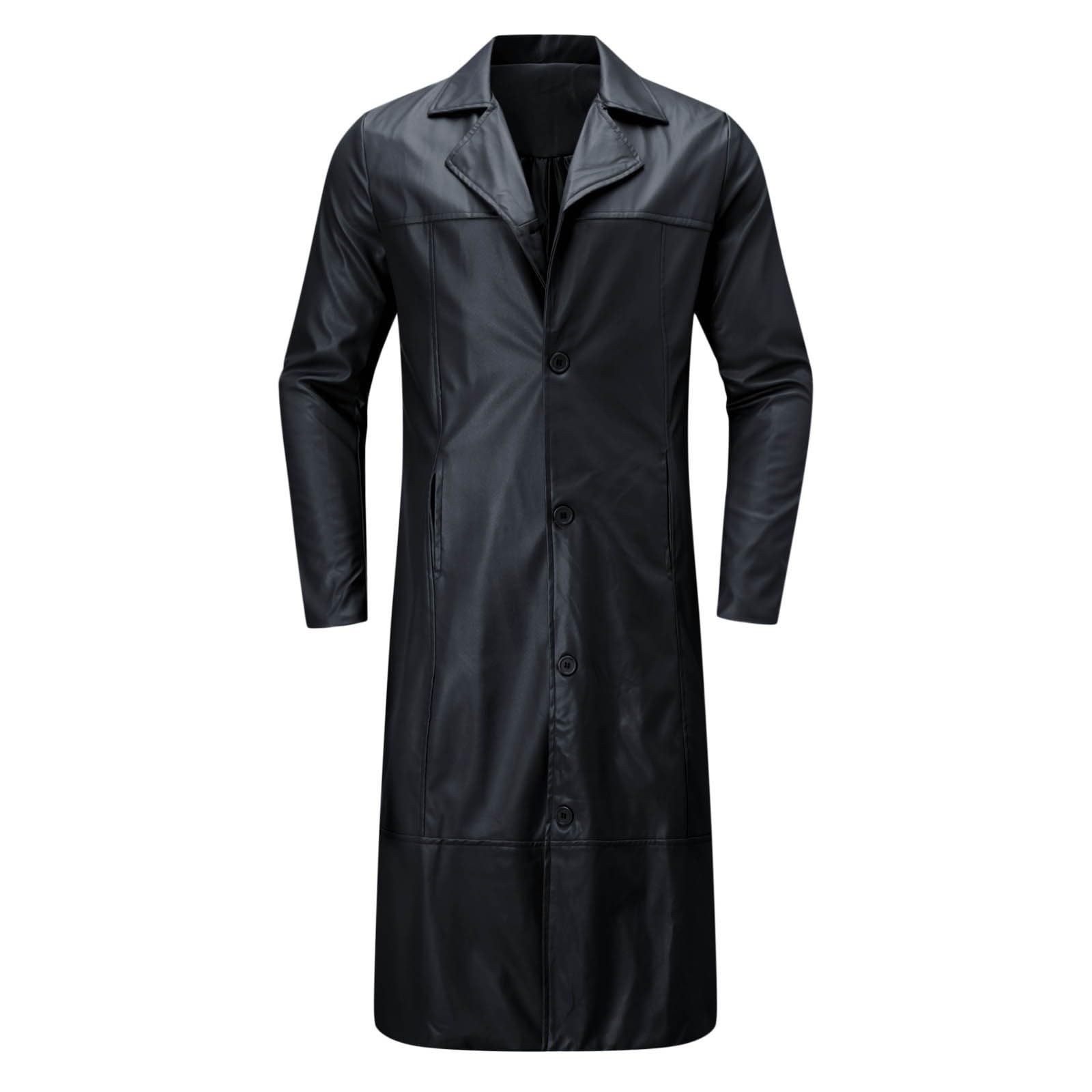 Trench lungo da uomo, impermeabile, cappotto invernale lungo | Giacca in pelle, tinta unita, a maniche lunghe, con bottoni, cappotto invernale aperto, impermeabile, antivento