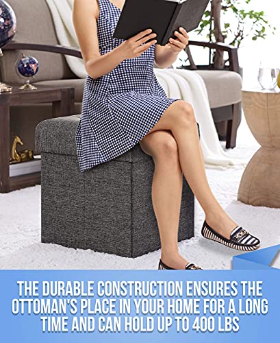 Ornavo Home Foldable Tufted Linen Storage Ottoman Square Cube Foot Rest Stool/Seat - 15" X 15" X 15" (Charcoal) #TOP5