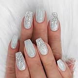 Coffin Press on Nails Short Acrylic Nails Silver Glitter Sequins Fake Nails Designs Artificial Glue on Nails Glossy Short Ballerina Stick on Nails for Women 24 Pcs / 12 Size