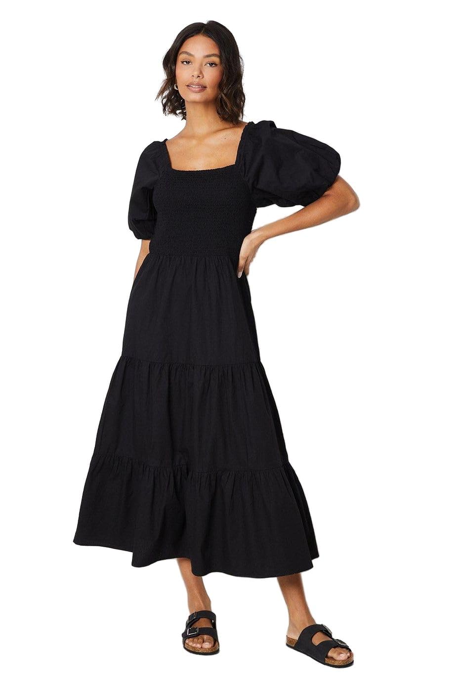 Dorothy Perkins Puff Sleeve Shirred Bodice Midi Dress, 18, Black