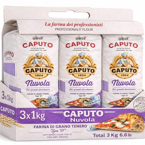 Harina Caputo Nuvola Pizzeria, Origen Italiana, ideal para masas ligeras con grandes cavidades, gran volumen, Recomendado para la clásica pizza napolitana, Tipo Harina 0, Contiene 3 unidades de 1 Kg