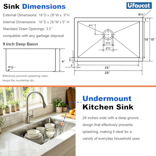 Image of 28 Inch Undermount Kitchen Sink, 28x18 inch 3D Embossed 16 Gauge Handmade Stainless Steel Single Bowl, 9 Inch Deep Under Mount, Brushed Nickel with Drain Strainer, RV Laundry Wet Prep Utility Sink
