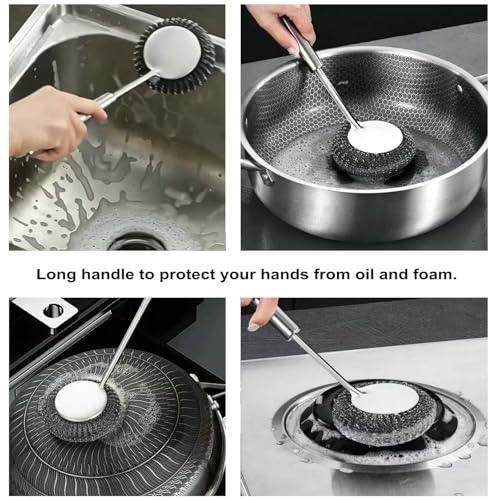 Image of 4pcs Stainless Steel Wool Scrubber with Long Handle Steel Scrubber Wool Pads for Cleaning Dishes Metal Scrubber Pot Scrubbers for Iron Pots, Stoves, Barbecue Grills, Wash Sink,Pans, Griddles