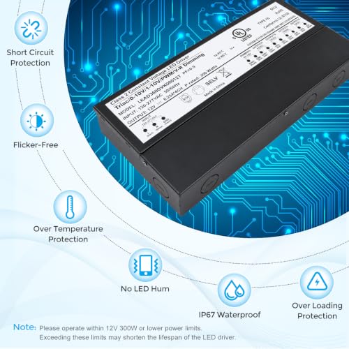 Image of 12V 300W Dimmable LED Driver, 5-in-1 Triac /ELV /MLV /0-10V /1-10V /PWM /V-R Dimming AC to DC Power Supply, IP67 Waterproof LED Transformer, UL Listed, Compatible with Lutron & Leviton Dimmer