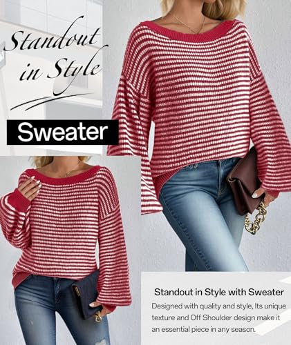 Image of MARZXIN Women's 2026 Fall Long Sleeve Sweaters Casual Loose Striped Off Shoulder Casual Oversized Knitted Sweater Pullovers