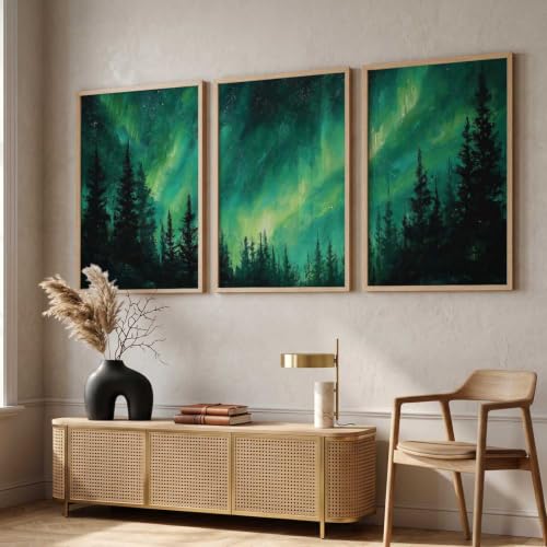 Image of kotart Big Aesthetic Nature Art Wall Framed Posters | Aurora Borealis Northern Lights View Framed Painting for Living Room Bedroom Wall Decor Set Of 3 (13X17 inch)