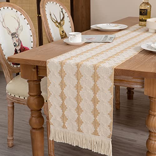 Kadyhoom Boho Table Runner 48 Inches Long, Cream Burlap Table Runner, Coffee Table Runner With Tassel, Boho Decor Farmhouse Table Runner For Holiday/Wedding/Party/Farmhouse/Kitchen/Dining Decor #TOP1