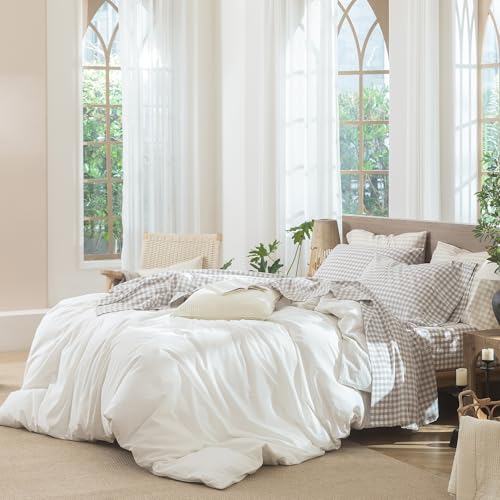 Image of MooMee Gingham Sheet Set 100% Washed Cotton Linen Like Textured Breathable Soft w /Fully Elasticized 16-19 inch Deep Pocket (Classic Gingham Tannish Linen Grey, Queen)