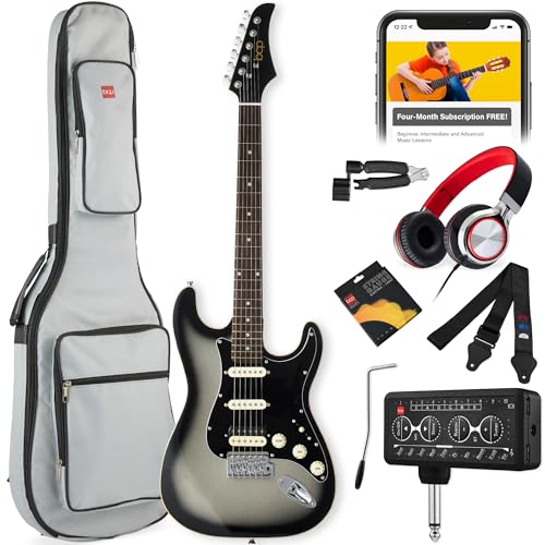 Best Choice Products Beginner HSS Electric Guitar Kit w/Headphone Amp, Padded Gig-Bag, Headphones, Guitar Strap - Silverburst/Black