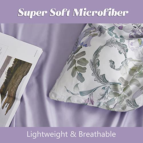 Floral Garden Style Duvet Cover Set Watercolor Purple Bedding Set Smooth Soft Flowers Green Botanical Pattern 3 Pieces 1 Comforter Cover + 2 Pillow Shams(Full/Queen, No Comforter) #TOP3