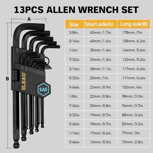 Image of ELEAD 15-Piece SAE Hex Key Allen Wrench Set with Extension Bar, 3 /64-3 /8 Inch, Long Arm Ball End Design, Heat-Treated S2 Steel