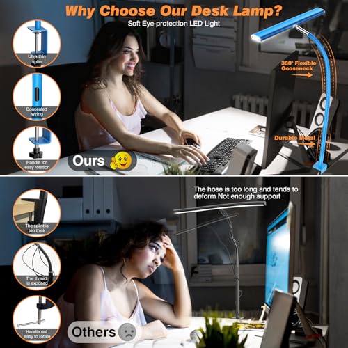 Image of Airlonv LED Desk Lamp for Office Home, Eye-Caring Desk Light with Stepless Dimming Adjustable Flexible Gooseneck, 10W USB Adapter Desk Lamp with Clamp for Reading, Study, Workbench (Blue)