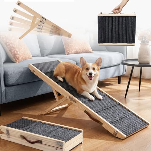 Mangcao Adjustable Ramp para Perros, Diseo Plegable, Escalera de Madera para Perros con Almohadillas Antideslizantesescaln para Dog para Cama, Sof...