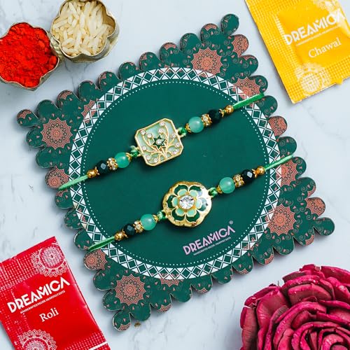 Image of Dreamica Set of 2 Designer Rakhi for Brother | Combo with ?My Brother is Awesome? Fridge Magnet, Tilak Set (Roli-Chawal), and Greeting Card | Best Rakhi Gift for Brother (Rakhi-68)