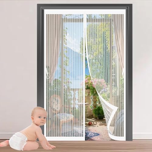 Cortina Mosquitera Magnetica 153 x 250 cm Protección Contra Insectos, Malla Fina, Mantiene El Aire Fresco, Mosquitera Autoadhesiva para Puerta Corredera, Puerta de Salón, Blanco