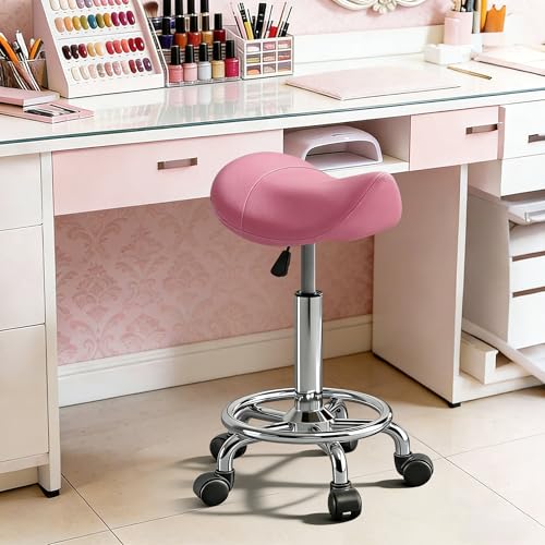 Image of Saddle Stool Adjustable Height Ergonomic Swivel Chair | PU Leather Saddle Seat without Back and Ring Pedal for Salon, Spa, Medical, Massage & Drafting Use Pink