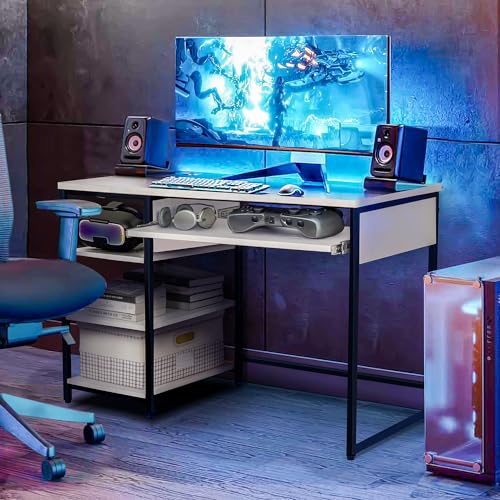 Image of ABOUT SPACE Computer Table with 3 Tier Bottom Storage & Keyboard Tray - Modern Tabletop Office Desk for PC Laptop, Study, Writing, Gaming Open Bookshelf with Storage [L100 x B45 x H75 cm]White - Matte