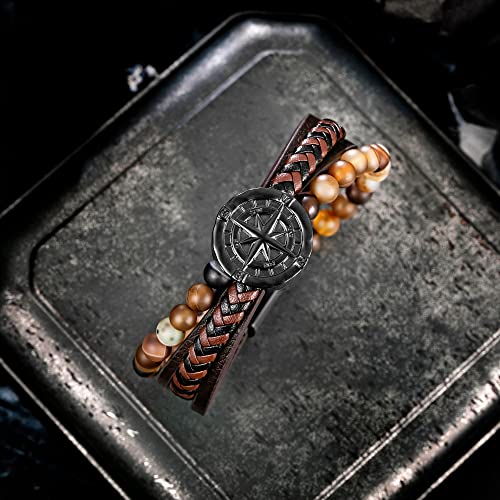 Image of Men's Bracelet Leather with Compass, Braided Leather Bracelets for Men Magnetic Clasp 7.5 /8.5 /9.5 inch Gift for Husband Boyfriend Father