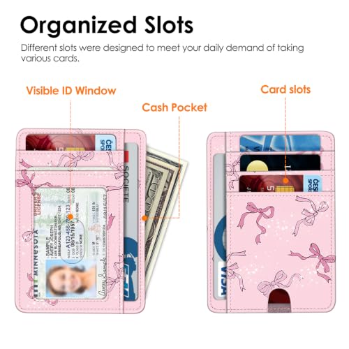 Image of FINTIE Slim Minimalist Front Pocket Wallet, RFID Blocking Credit Card Holder Card Cases with ID Window for Men Women (Pink Bow)