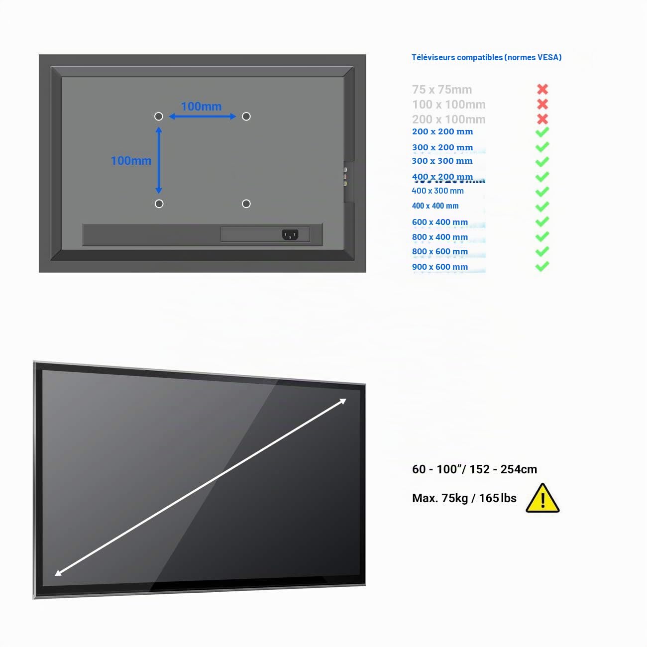 deleyCON Support Mural Universel TV 60"-100" Pouces (152-254cm) Inclinable 75Kg & VESA 900x600 Plasma LCD LED OLED Curved Télévision Fixation