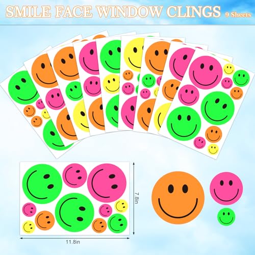 Image of Whaline 9 Sheet Smile Face Window Clings Neon Colored Happy Face Reusable Window Decals for Home Classroom Office Nursery Windows Decor