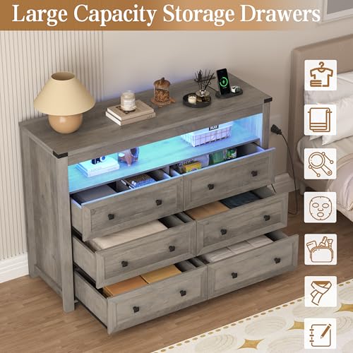 Image of Wodeer Grey Dresser 6 Drawer Dressers for Bedroom with LED Lights, Charging Station, Wood Chest of Drawers with Metal Handles, Modern TV Stand Storage Cabinet for Living Room, Hallway, Entryway, Gray