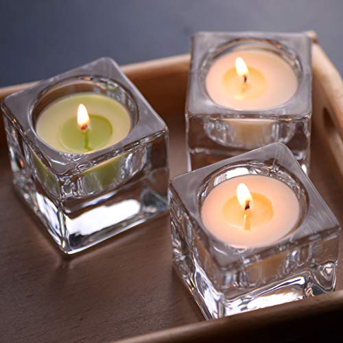 Clear Glass Tealight Candle Holders Set Of 4, Solid Square Clear Glass Table Centerpiece For Ceremony, Wedding, Party & Home Decor #TOP1