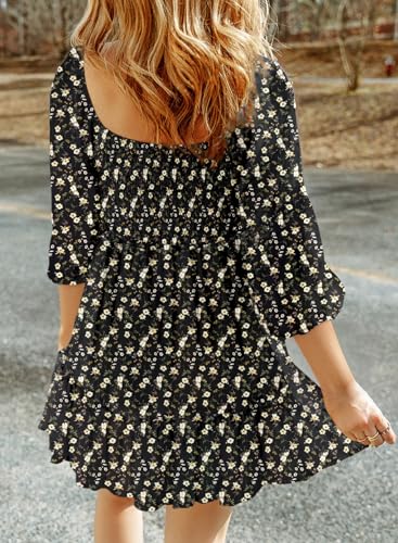 Image of Dokotoo Fall Dresses for Women 2025 Boho Floral Square Neck Smocked 3 /4 Sleeve Casual A-Line Swing Mini Dress Sundress