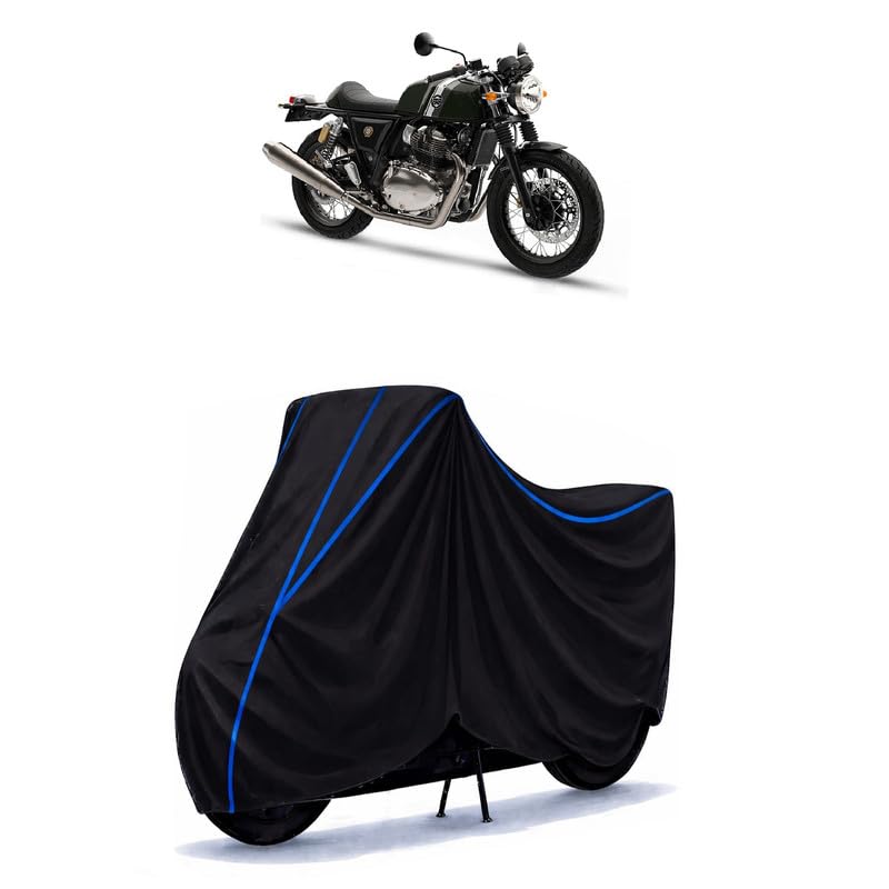 Image of Continental GT 650 Alloy Wheel Bike Cover Water Resistant Universal Motorcycle Rain | Heavy Duty UV Protection, Dust, Scratch Indoor Outdoor All Weather with Black Blue Piping Elastic