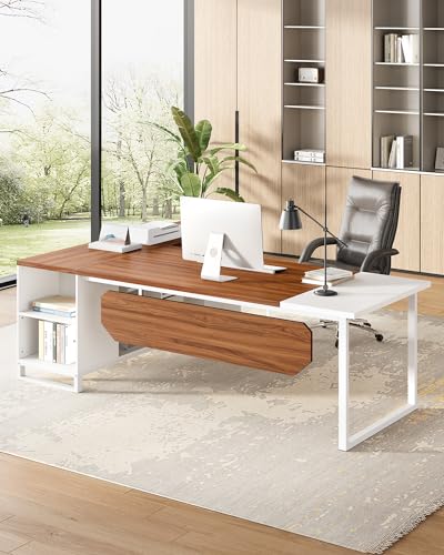 LITTLE TREE 70.8 Inches Executive Desk and 55 Inches File Cabinet Combo, Large L Shaped Computer Desk with Storage Cabinet and Shelves, Modern Business Furniture for Home Office, Walnut & White - Image 5