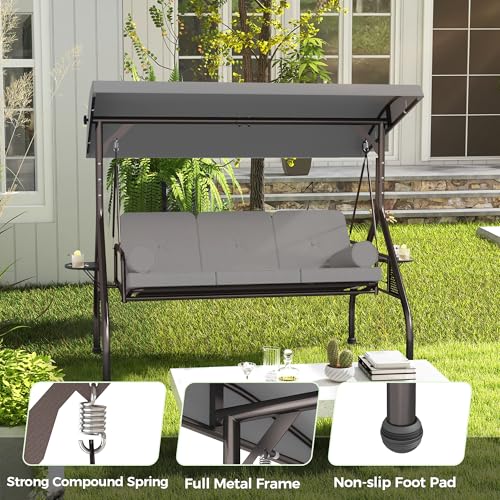 Image of SUNCROWN Outdoor 3 in 1 Porch Swing Chair, 3 Seat Patio Swing Glider with Adjustable Canopy, Heavy Duty Swings with Thickened Cushions, Pillows & Cup Holders for Backyard, Porch, Garden,Grey