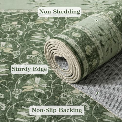 Image of Lahome Green Washable Runner Rug, Low Plie Soft 2x6 Runner Rug Non Slip Kitchen Runner, Vintage Floral Carpet Runners for Bedroom Entryway Bathroom (2'x6', Green)