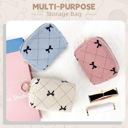 Mini Makeup Bag, Corduroy Small Cosmetic Bag for Purse with Ring Buckle, Bow Tie Travel Makeup Pouch for Lipsticks, Chapsticks, Coin, Earphone, Credit Card (Beige)4