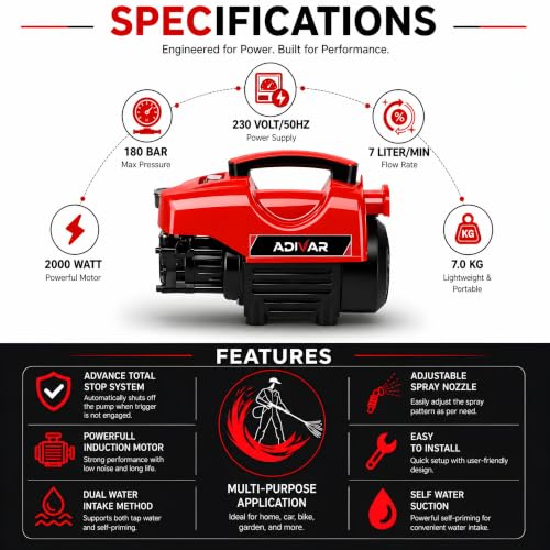 Image of AD-180 High Pressure Washer | 2000W Motor | 180 Bar Max Pressure | 7 L /Min Flow Rate | Portable Electric Washer for Car, Bike, Solar Panal, Walkways & Home Cleaning