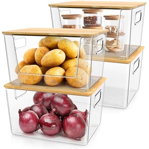 IDEATECH Pantry Organizers and Storage – Stackable potato and onion storage bins with Front Open Design, vegetable bins for pantry (2+2Set) Cover