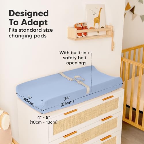 Image of 2-Pack Organic Changing Pad Covers for Girl, Boy, 100% Cotton (Blue Flax) | 34x18, Soft Diaper Changing Table Pad Cover, Contour Baby Changing Pad Sheets, Gender Neutral Liners, Nursery Dresser, Fitted