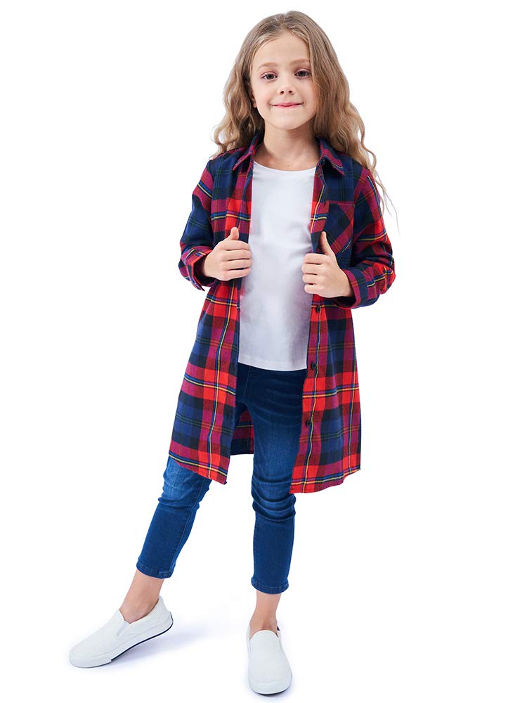 OCHENTA Girls Plaid Flannel Shirts Long Sleeve Button Down Shirt Dress