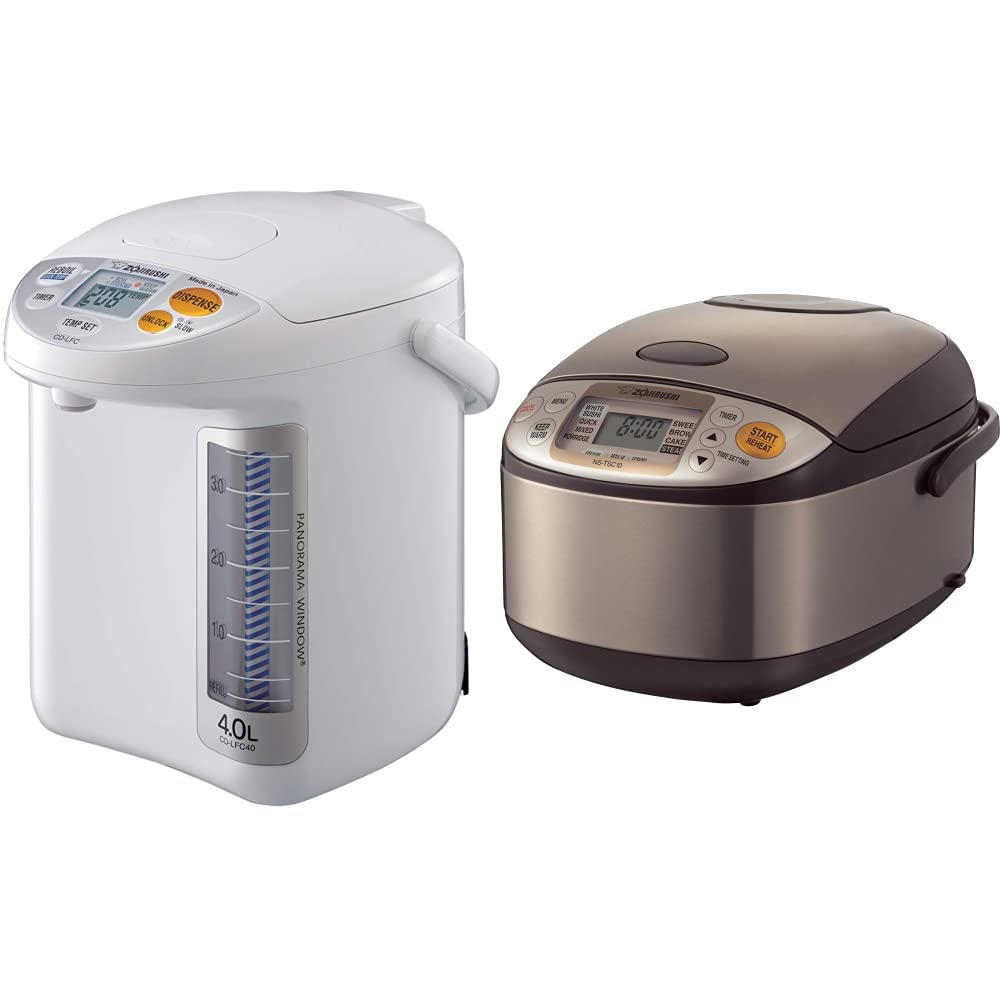Zojirushi CD-LFC40 Panorama Window Micom Water Boiler and Warmer, 135 oz/4.0 L, White & NS-TSC10 5-1/2-Cup (Uncooked) Micom Rice Cooker and Warmer, 1.0-Liter