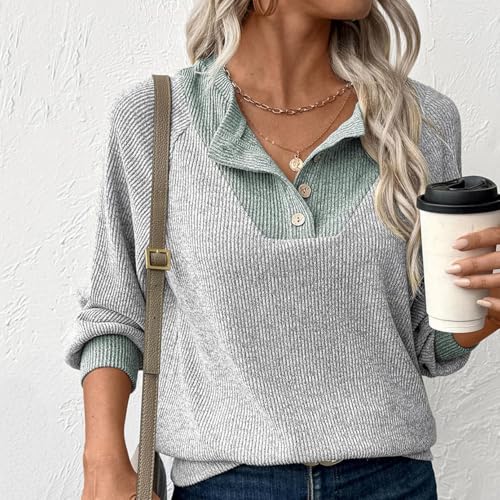 YGSIKY Sweat-Shirts pour Femmes, décontractés, Manches Longues, boutonnés, col en V, Pull en Tricot contrasté Tendance, Sweat-Shirt Patchwork à col en V (Grey,TTG) – vue 3