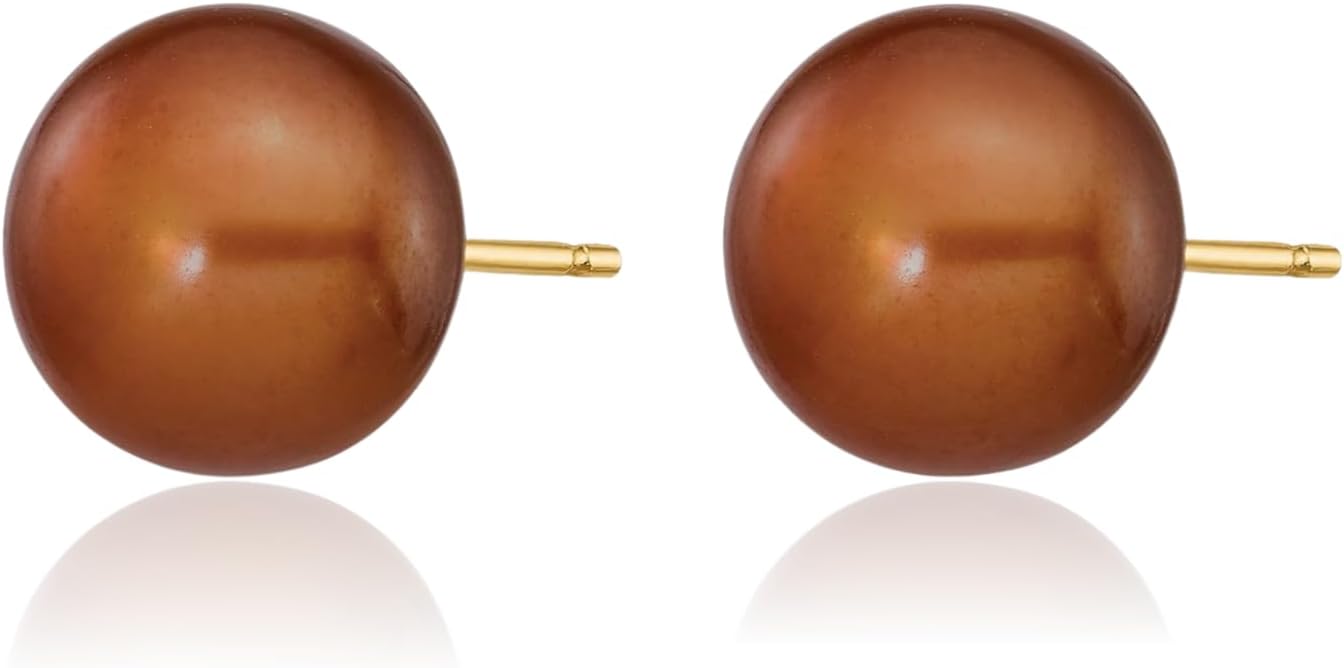 IceCarats 14K Solid Yellow Gold 8mm Freshwater Brown Pearl Large Button Stud Earrings Prong Set, Butterfly Back For Her